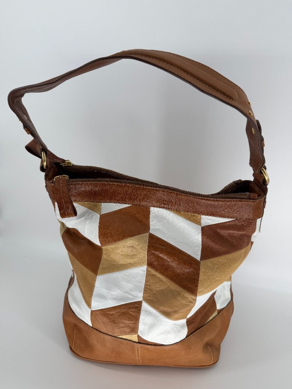 Vintage BOHO patchwork Liz Claiborne Medium Shoulder Bag Brown lamb skin